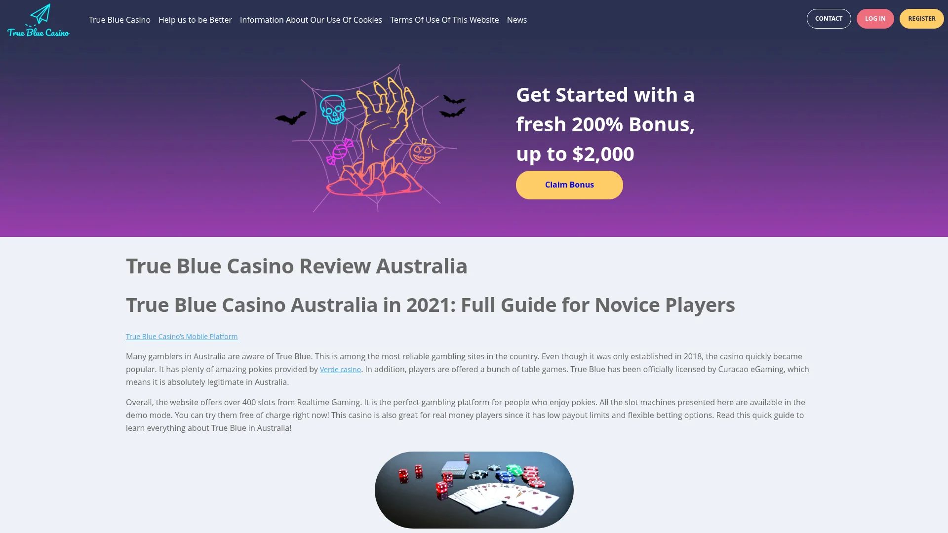 Trueblue Casino desktop experience with its promotions and casino account features